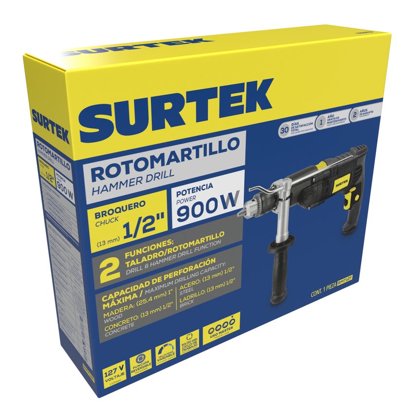 Rotomartillo 1/2" 900 W 127 V, 0 - 3,200 RPM con botón de traba para trabajos continuos